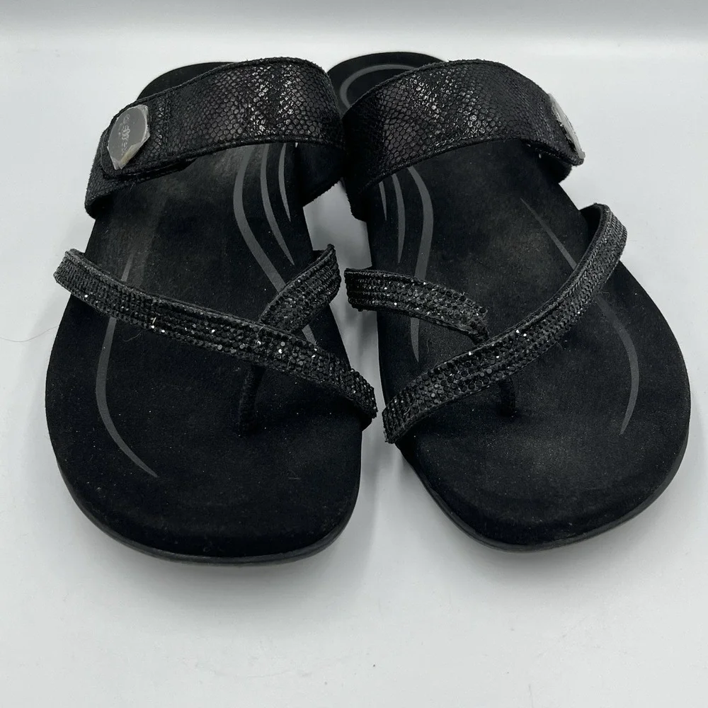 Aetrex Izzy Sparkle Sandals Women's  10 Black Rhinestone Orthotic Comfort Summer